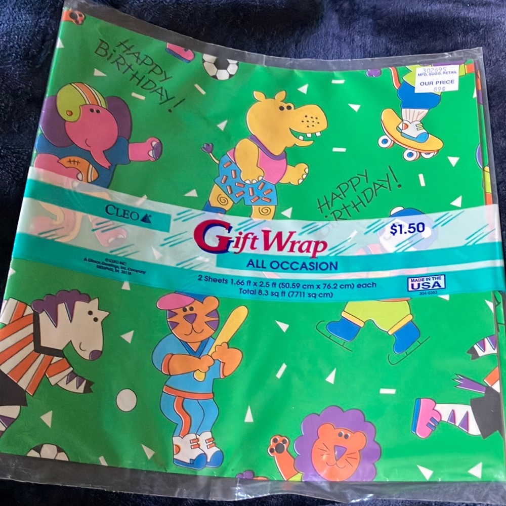 Vintage Cleo Green Animal Design Gift Wrap- Happy Birthday -Sealed New Old Stock